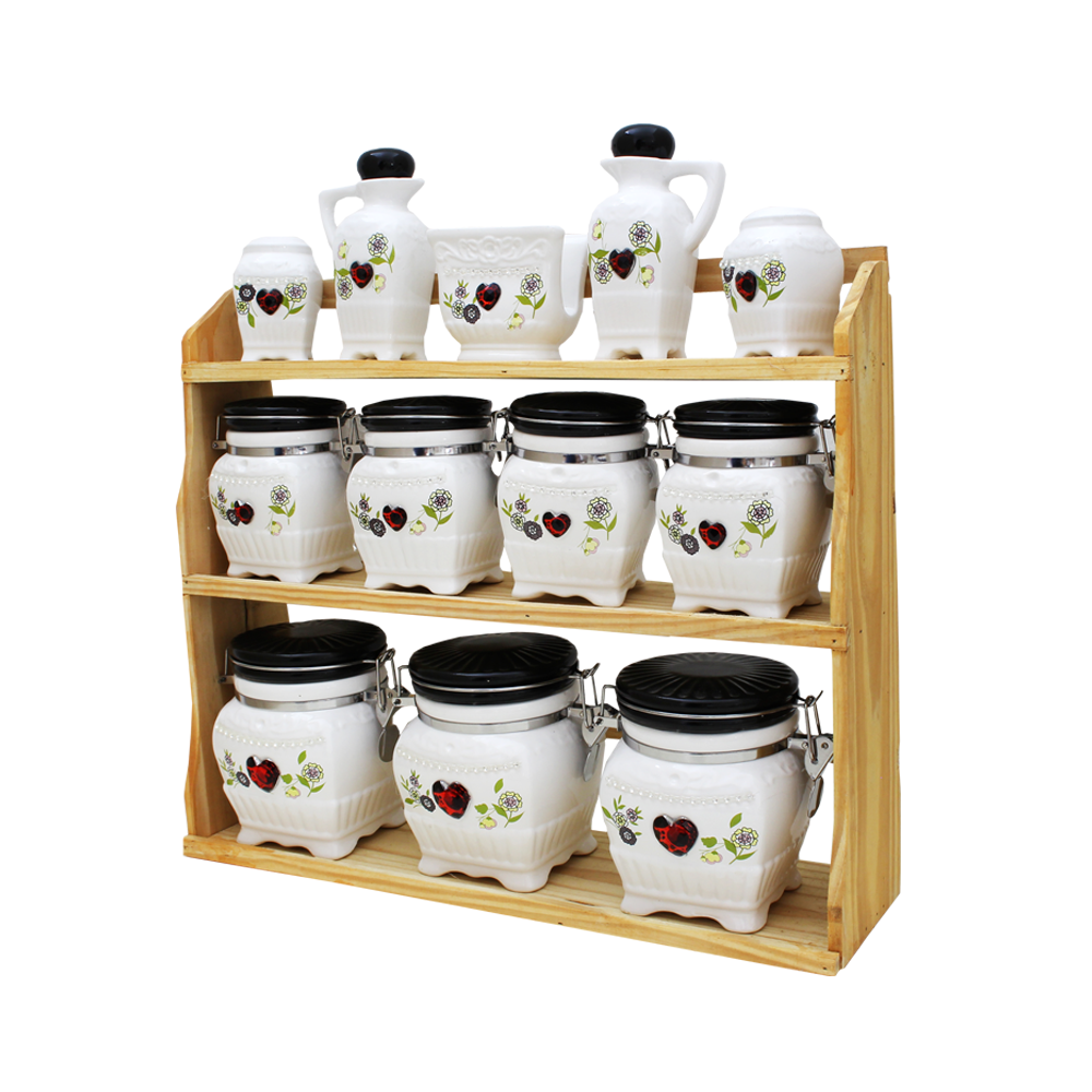 Set De 12 Pots à épices Blanc-Noir Avec Support en Bois - SBS - Ven